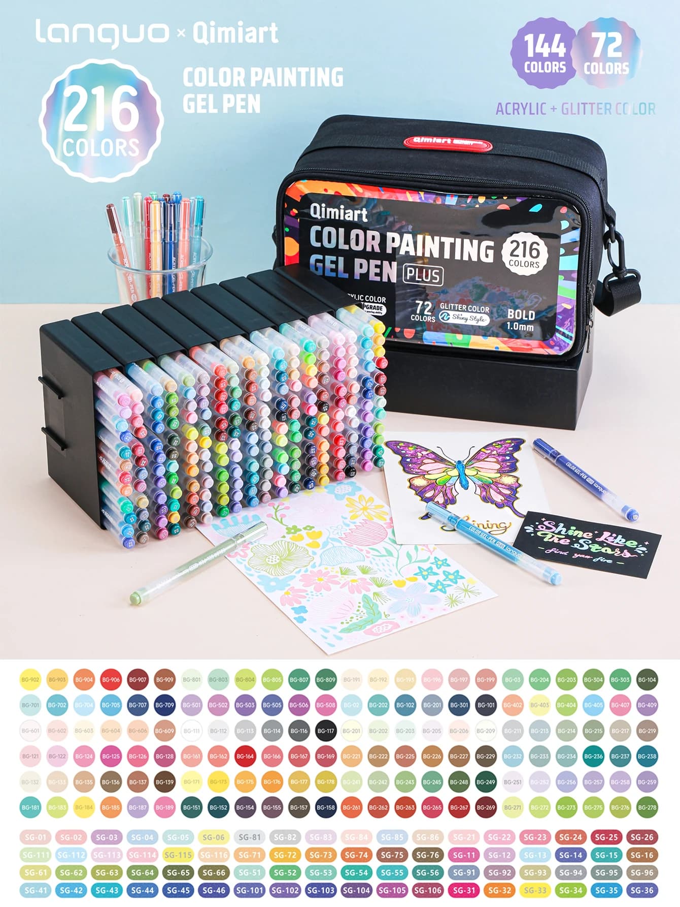 Kit di Penne Gel Acriliche e Glitterate Languo 216 Colori con Borsa Organizer, Penne Professionali per Artisti, Pittura su Tela e Roccia