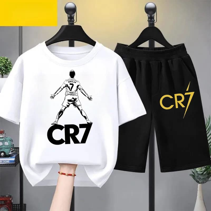 Abbigliamento Estivo per Bambini Set 2 Pezzi con Stampa CR7 Calcio Maglietta a Maniche Corte e Pantaloncini Tuta Sportiva Morbida