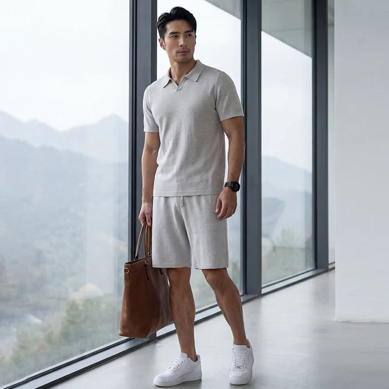 Spring And Summer High-End Men'S Suit Mulberry Silk Knitted Polo Shirt T-Shirt Fashionable Casual Shorts Two-Piece Men'S Outfit