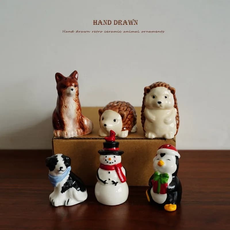 Christmas Retro Hand Painted Animal Ceramic Desktop Seasoning Bottle Spice Jar Kitchen Storage Container Organizer Holder Set