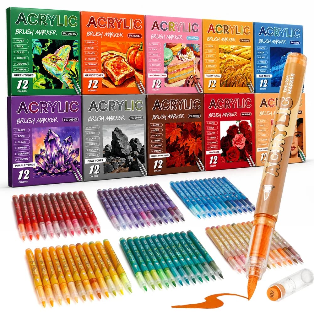 12 Color Acrylic Paint Marker Set Professional Brush Tip Pens Waterproof Quick-Dry DIY Graffiti Crafts Rock Glass Wood Art Tools