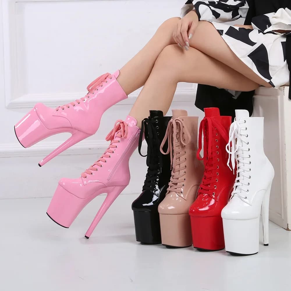 Rome Style 20CM Extreme High Heels Platform Boots Lace Up Sexy Pole Dancing Ankle Boots Side Zip Nightclub Women Shoes 8 Inches
