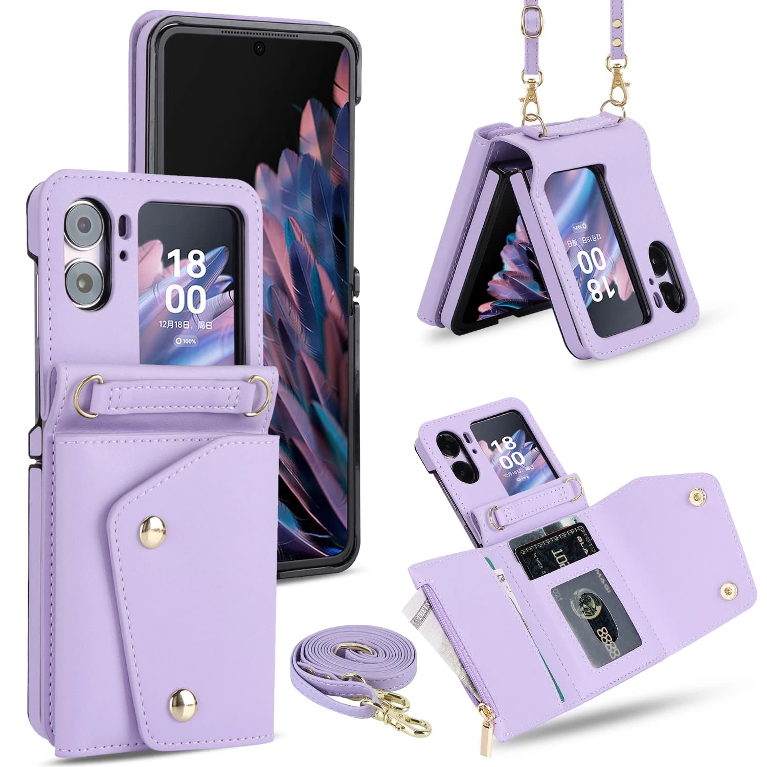 Multi-funzionale Borsa a tracolla in pelle con cerniera Carte Solt Custodia per Oppo Trova N2 Flip 5g Corda lunga Cordino Borsa per carte Rfid Cover
