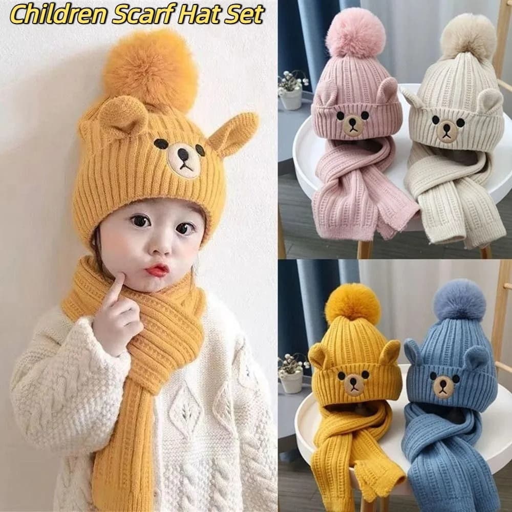 Comfortable plush bear for children, scarf, hat, set, knitted wool cap, cartoon, warm and cute, knitted cap warm winter autumn