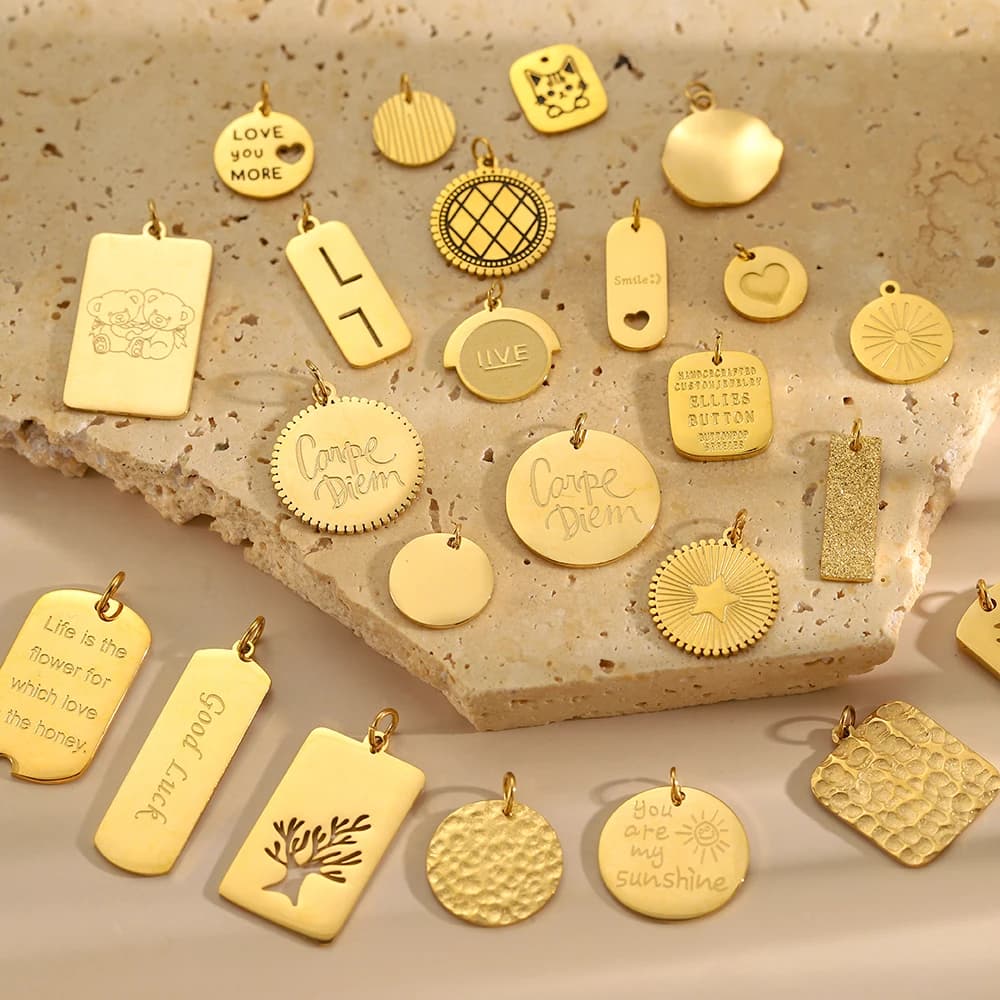 CARLIDANA Gold Plated Jewelry Laser Engraved Logo Tag Pendant Stainless Steel Oval Jewels DIY name Round coin disc pendant