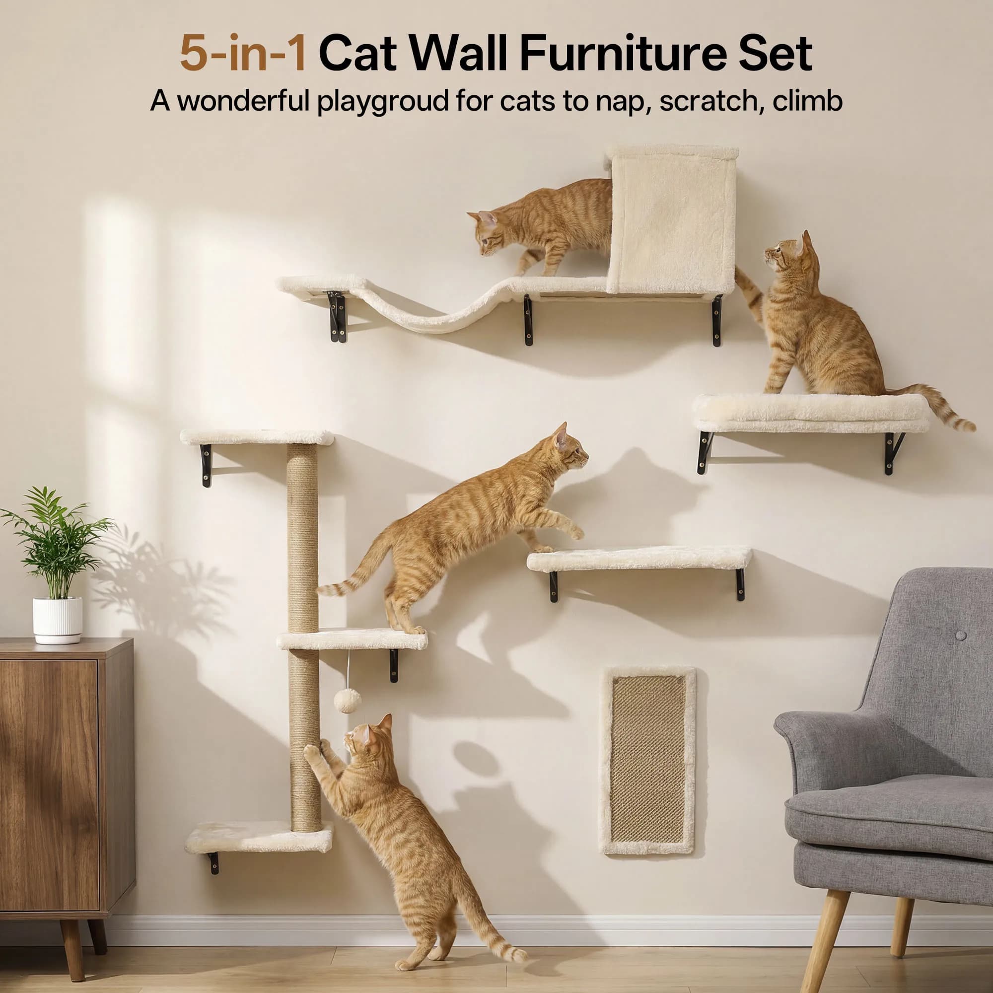 Solid Wood Cat Wall Climbing Set, Stable Cat Furniture Tower with Scratching Post, Hanging Bridge, Cat Bed, Wall Mounted Shelves and Scratch Board for Indoor Cats