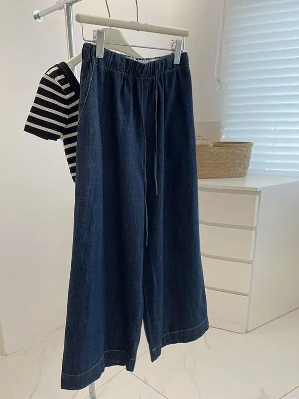 High Waist Elastic Waist Silk Denim Jeans Women's Summer Thin Wide Drawstring Knife Jeans plus Size Ladies Fashion