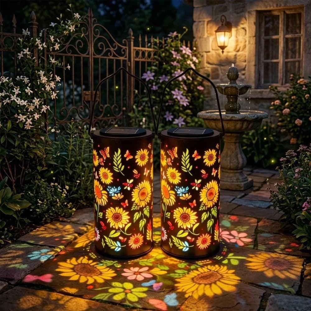 RGB Colorful Sunflower Solar Lights Outdoor Waterproof Portable Lantern Sunflower Projection Lamp for Garden Porch Lawn Decor