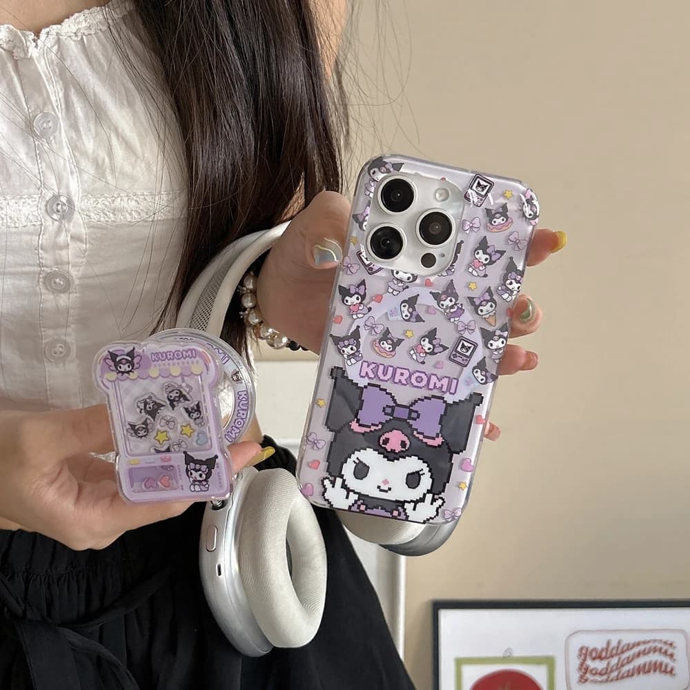 Simpatico cartone animato Sanrio Kuromi Supporto per impugnatura magnetica Custodia per telefono con ricarica wireless Magsafe per iPhone 17 16 15 14 13 Pro Max Cover rigida