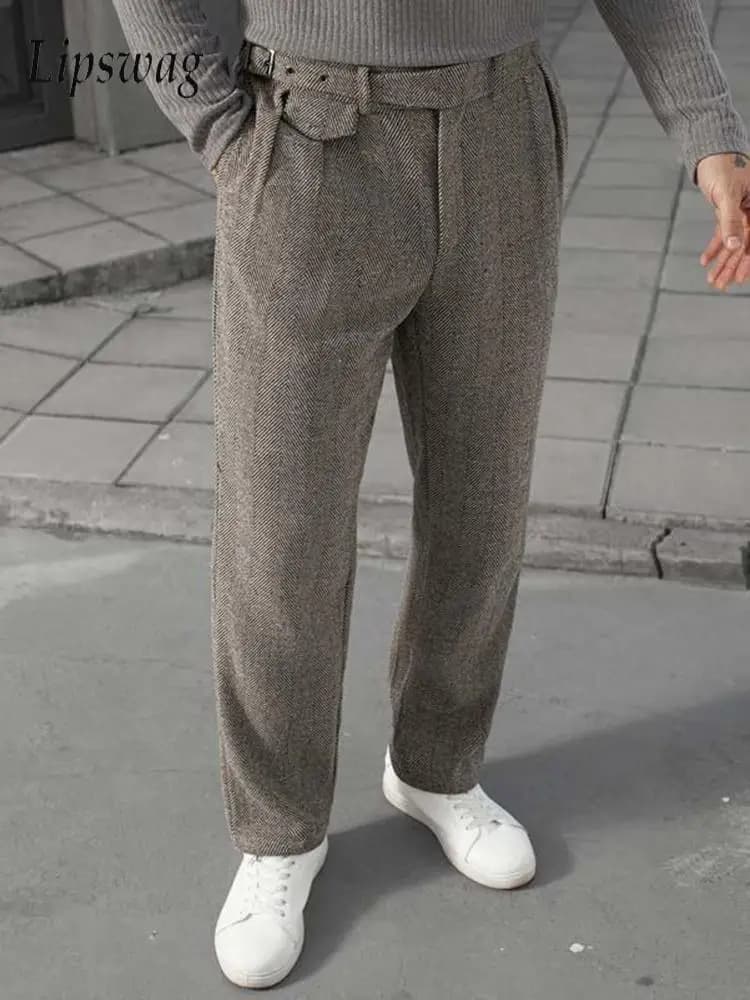 Pantaloni da Uomo in Lana Stile Napoli, Vita Alta con Cintura, Moda Primavera 2026, Casual, Slim Fit, a Pieghe, Stile Old Money