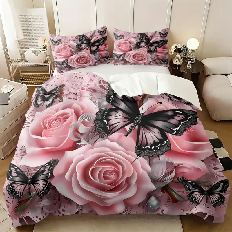 Pink Rose Black Butterfly Print Duvet Cover Set Lace Floral Bedding Soft Comforter Shams Romantic Aesthetic Bedroom Decor