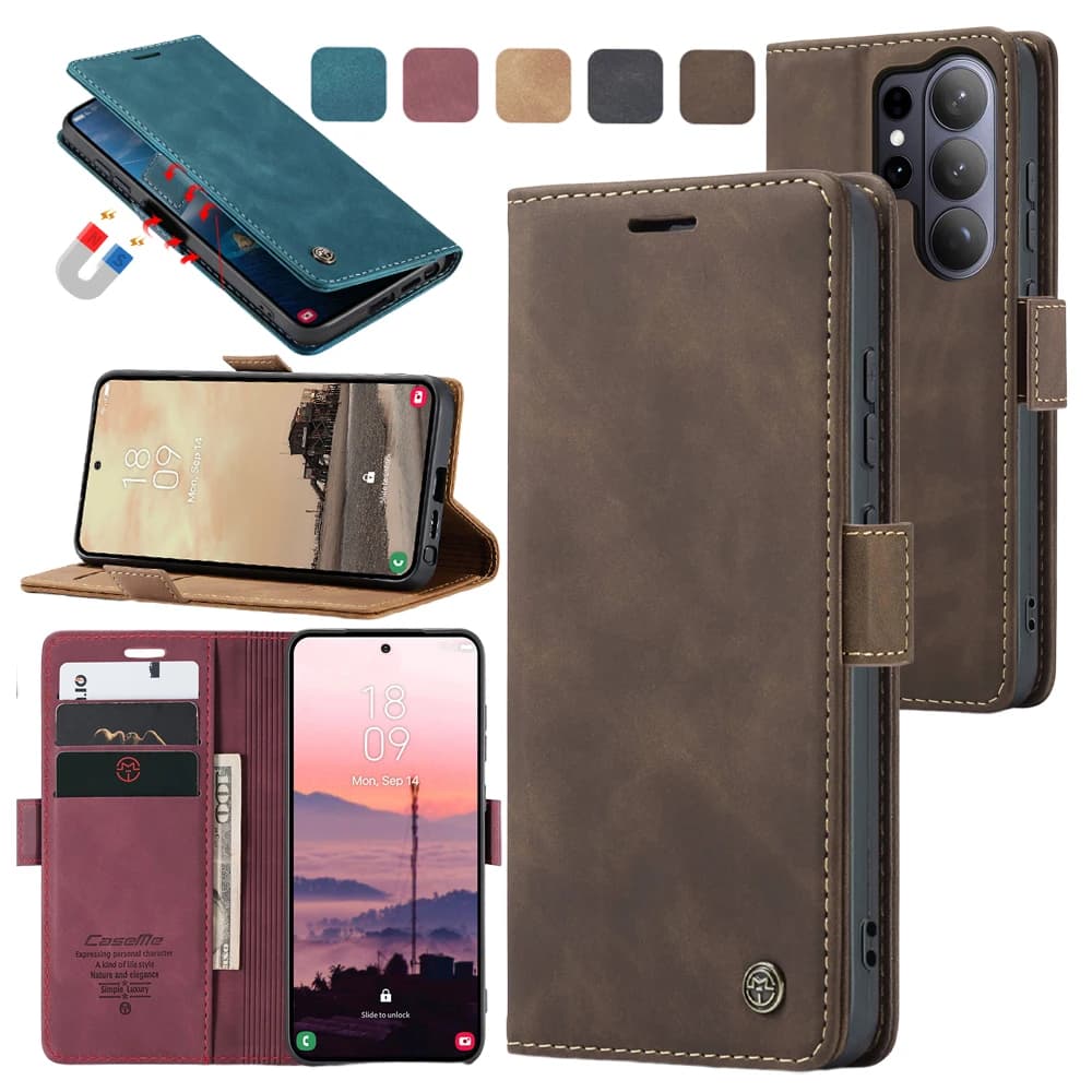 Custodia a libro in pelle per Samsung Galaxy S26 Ultra 25 Plus S24 S23 FE S22 S21 con scomparti per carte e banconote, e funzione stand