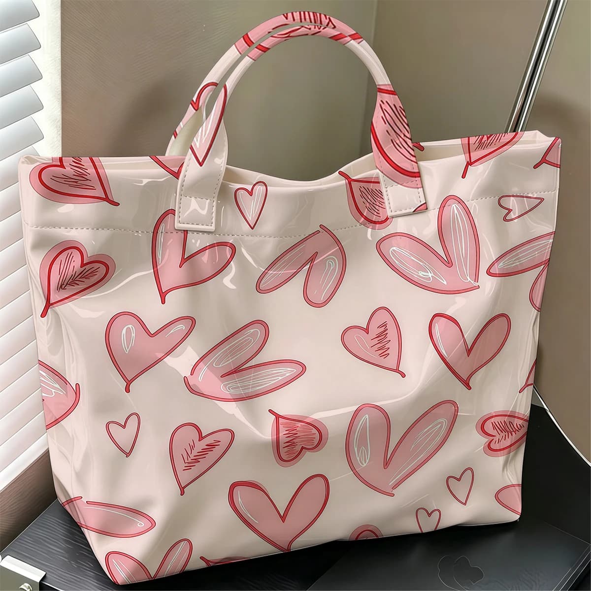 Doodle Heartss Stylish Large Glossy PVC Tote Bag Washable Waterproof Durable Ideal for Travel Commute Cosmetics Books Handbags