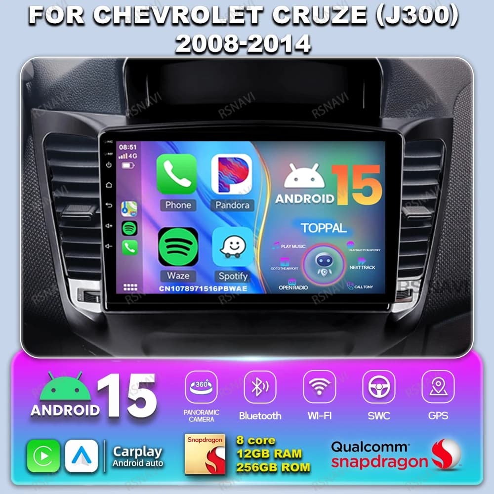 Car Radio Android 14 For Chevrolet Cruze (J300) 2008-2014 WIFI+ 4G LTE 360 Camera Autoradio Stereo Viedo Player 8 Core Qualcomm
