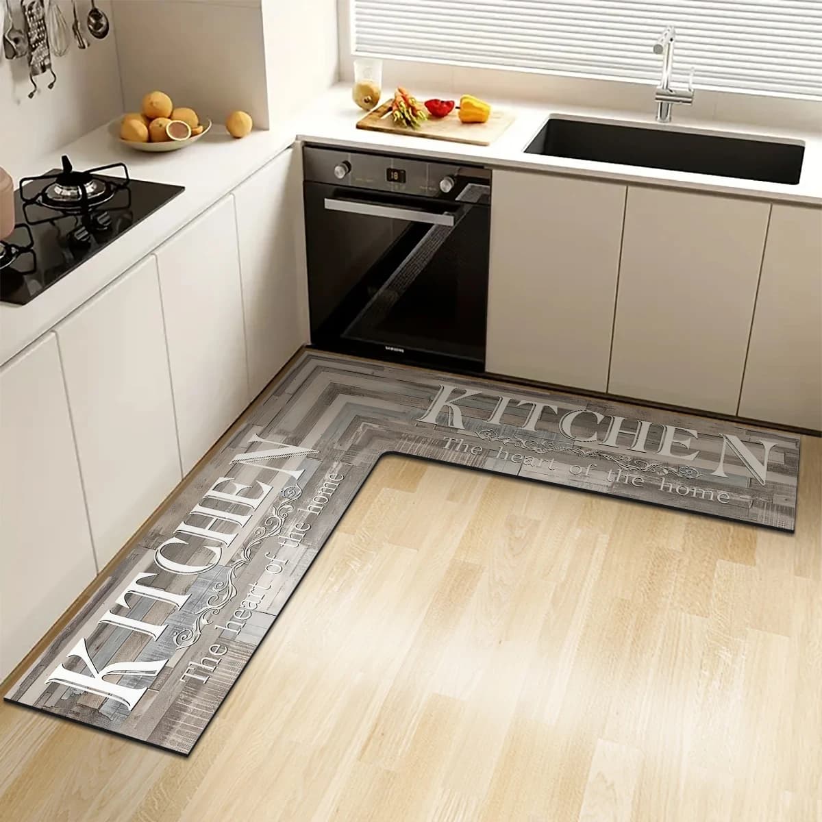 Printed L-shaped kitchen mat with diatomee ground pattern, anti-slip home mat, restaurant absorbent mat, corner mat for entrance.