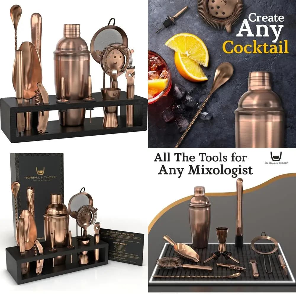Set di shaker per cocktail in acciaio inossidabile da 13 pezzi in rame opaco con strumenti incisi e 30 ricette per baristi domestici