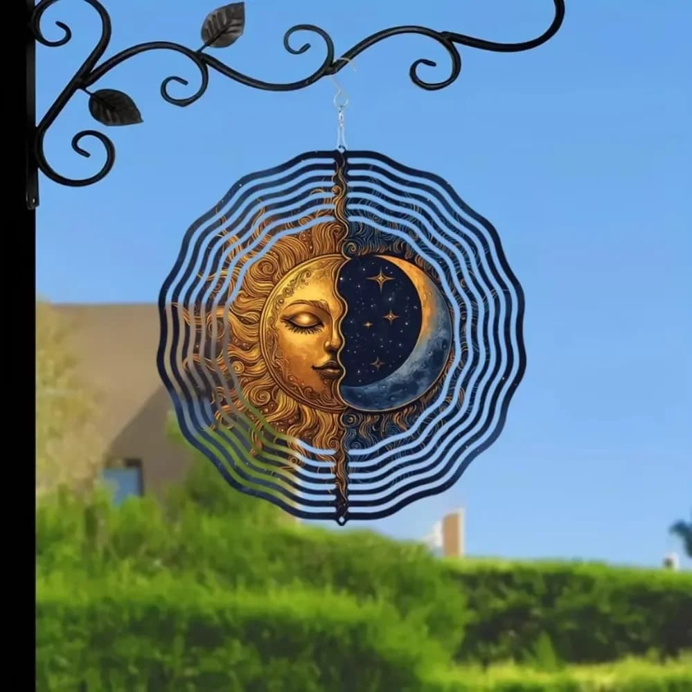 Iron Wind Chime for Windowsill，-inch Celestial Wind Spinner - 3D Sun & Moon Laser-Cut Metal Art With Geometric Patterns, 360° Ro
