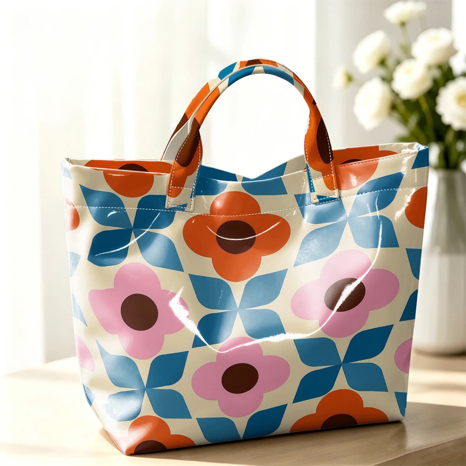 Retro Geometric Flower Fashion Large Glossy PVC Tote Bag Hand Washable Waterproof Travel Commute Cosmetic Storage Shopper