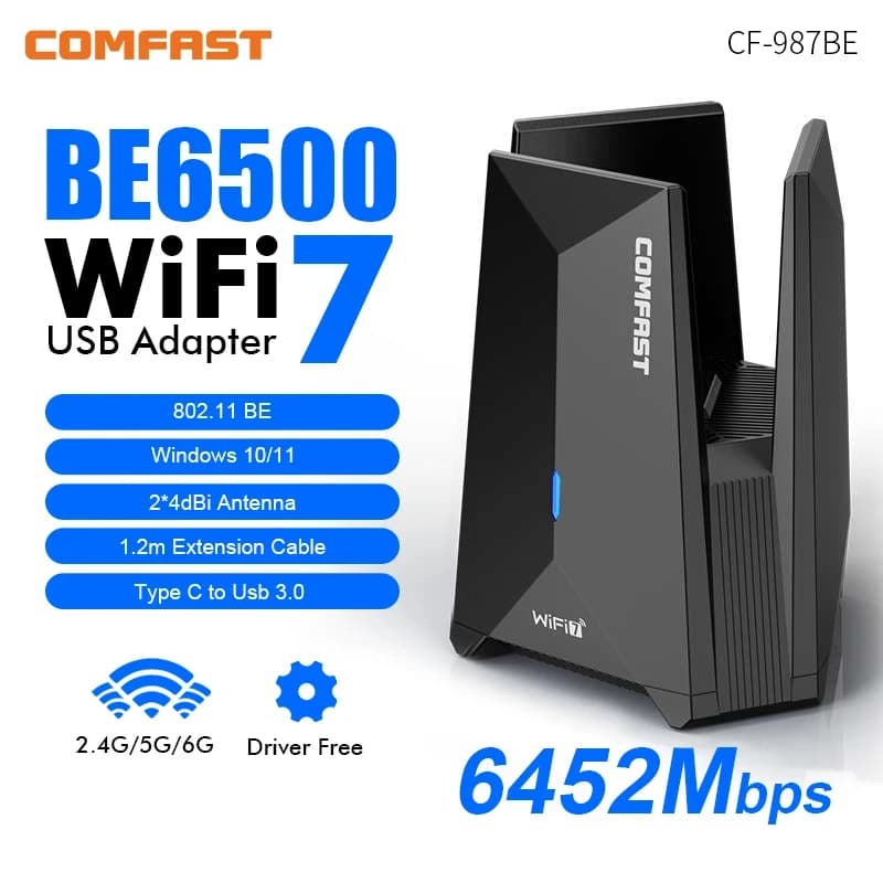 Comfast wifi 7 Adattatore Wi-Fi USB 3.0 BE6500 Scheda di rete 6G/5G/2G Antenne 3 * 5dBi Cavo di prolunga ricevitore PC Wifi7