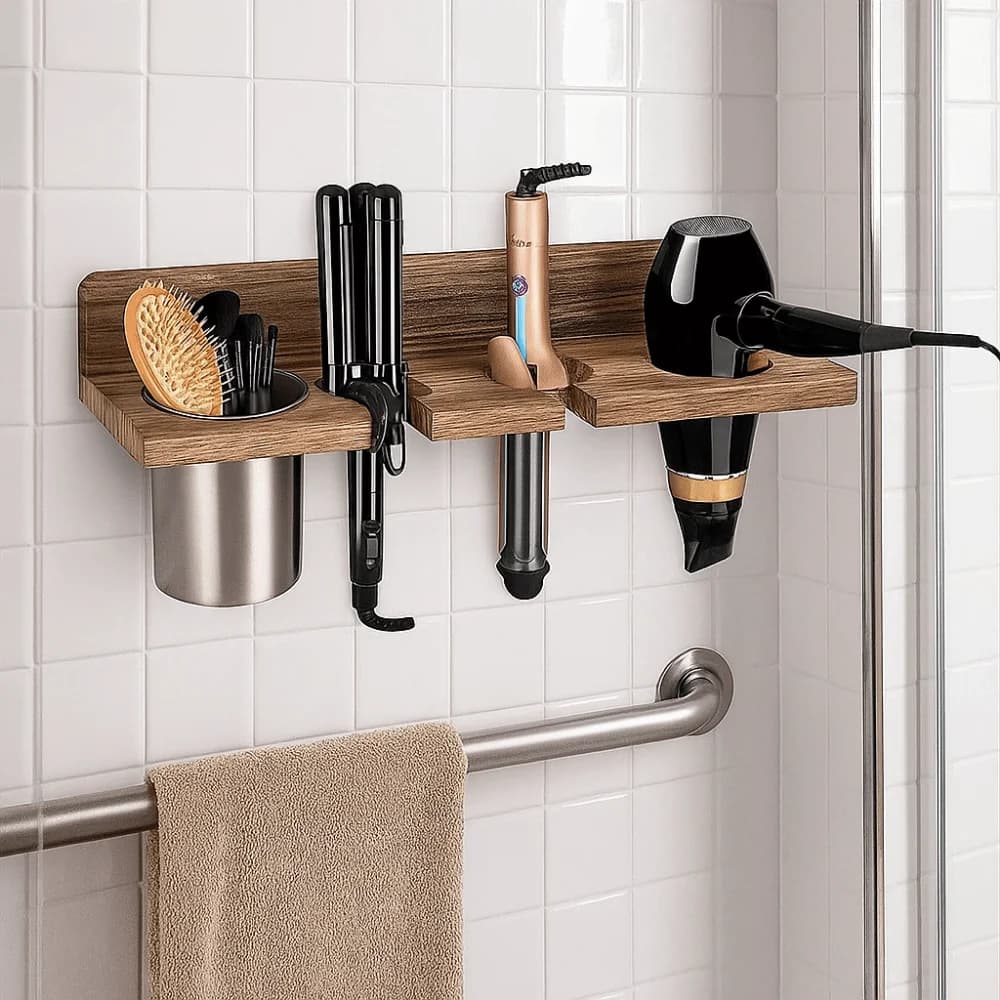 Wall-Saving Wood Support for Hairdryer, Plate and Iron Hairdressers - Elegant Hair Dryer