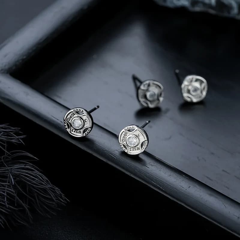 Fitness Weight Plate Zircon Stud Earrings Silver Stainless Steel Letter Engraved Sport Hip Hop Piercing for Men