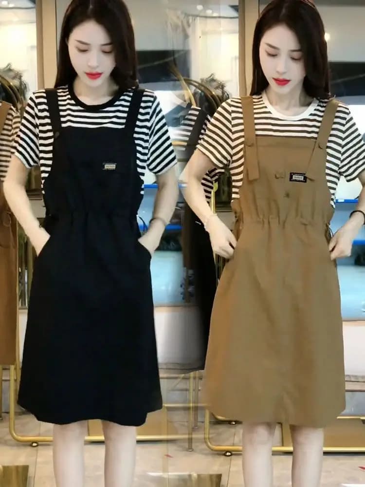 Abito casual a righe taglie forti, finto due pezzi, da donna, estivo, alla moda, giovanile, ampio, con cintura in vita, snellente, con spalline.