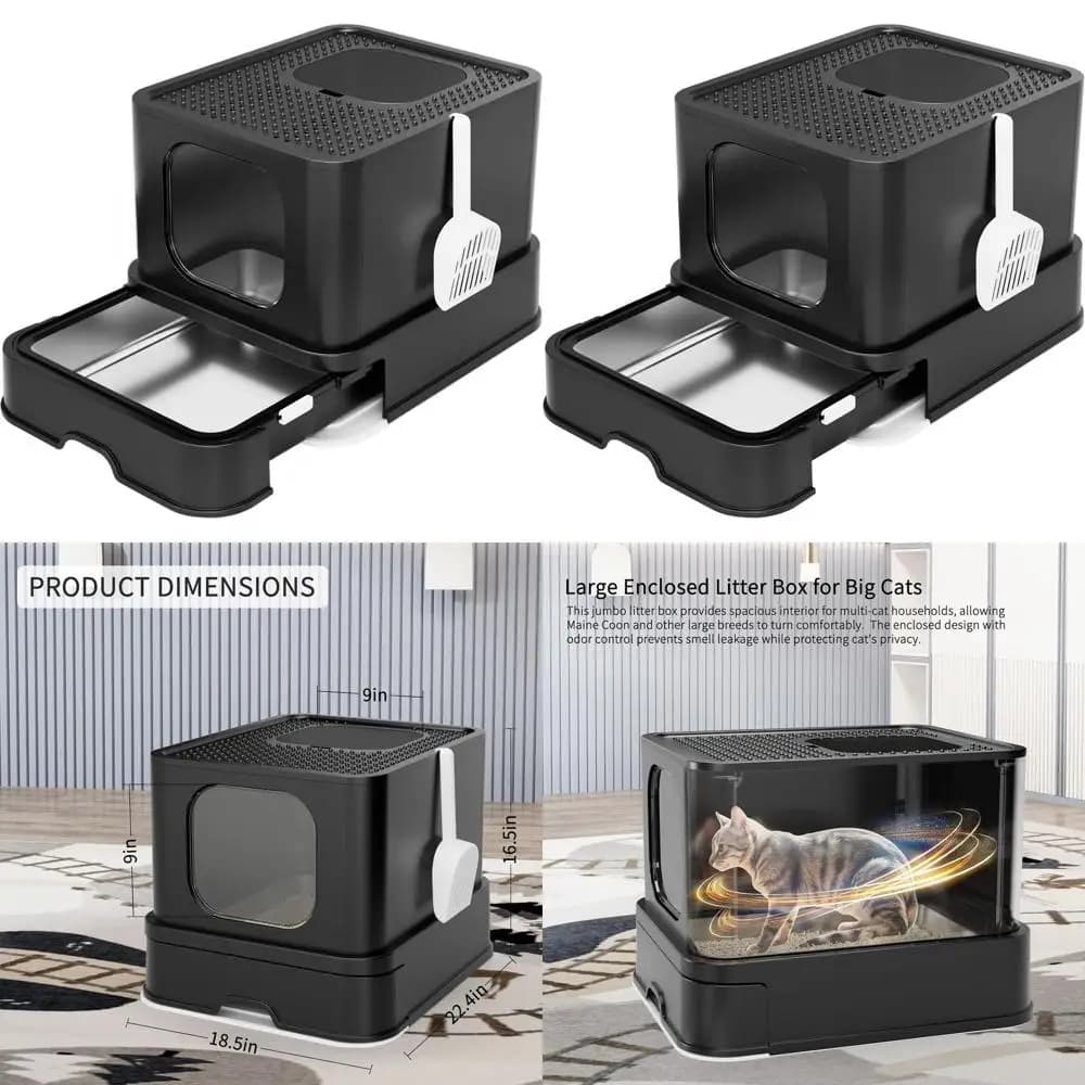 Lettiera per Gatti Grande in Acciaio Inossidabile Nero con Protezione Anti-Perdita e Controllo degli Odori - Adatta per Gatti Fino a 11 kg