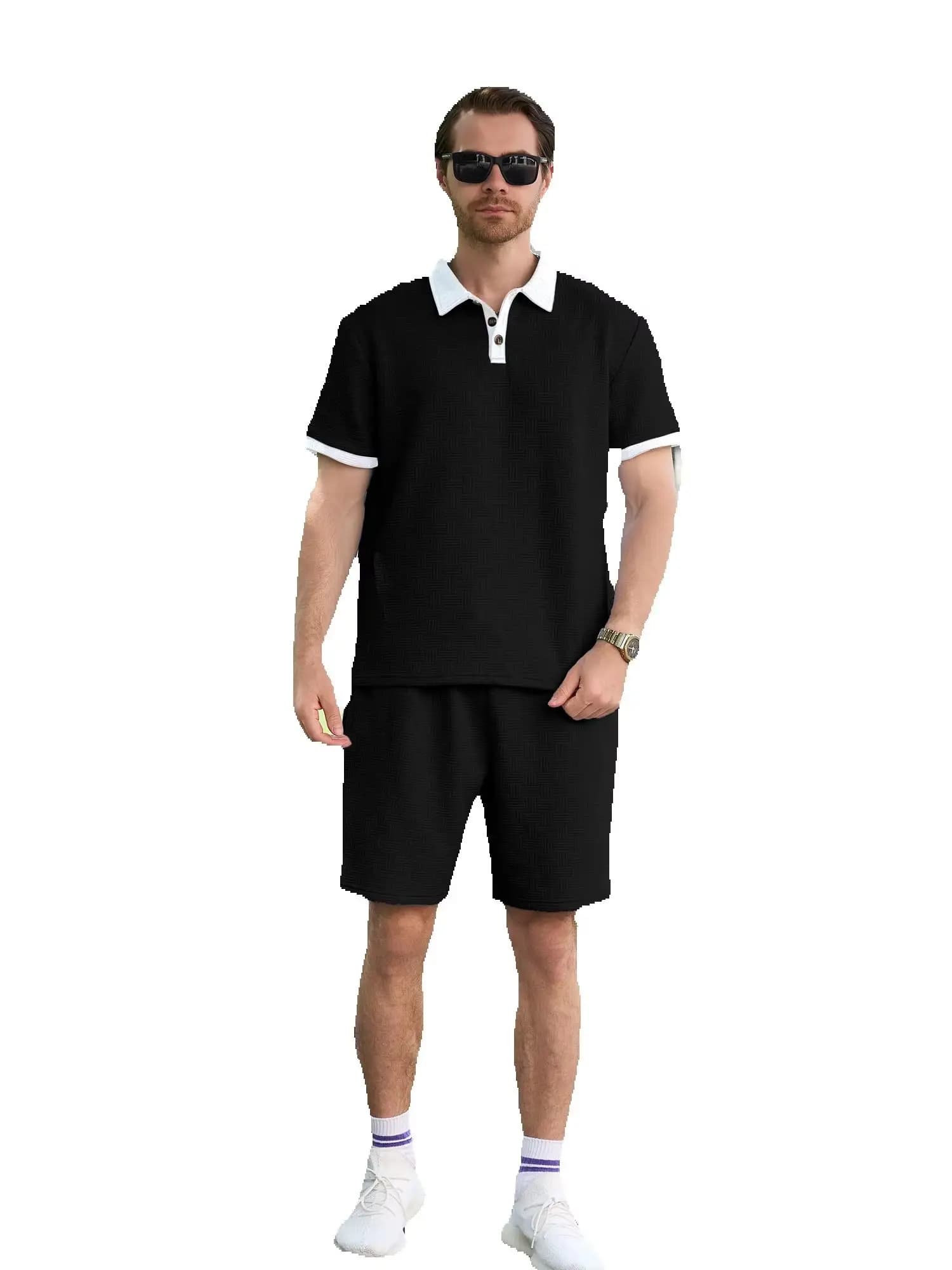 Men Jacquard Contrast Collar 2‑Piece Casual Set, Short Sleeve Polo and Drawstring Elastic Waist Shorts Breathable Summer Outfit