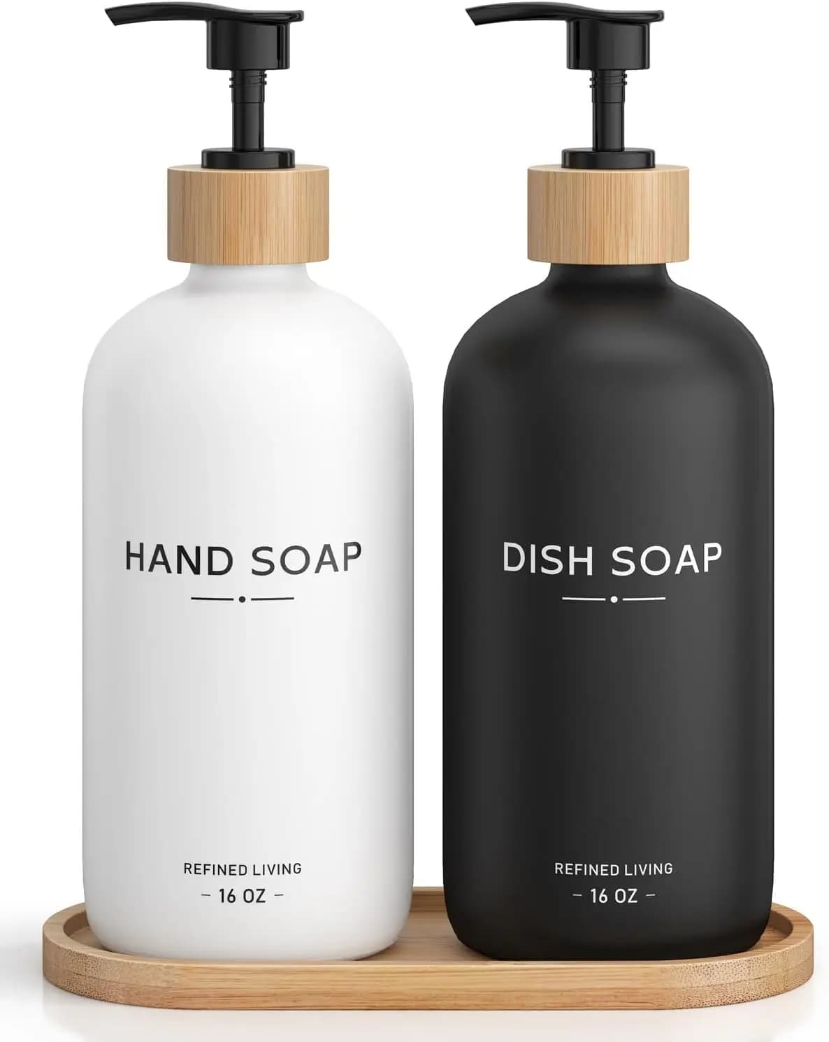Set Dispenser Sapone in Vetro da 16oz con Vassoio in Bambù ed Etichette, Bottiglie per Sapone Mani e Piatti per Cucina, Arredamento Rustico