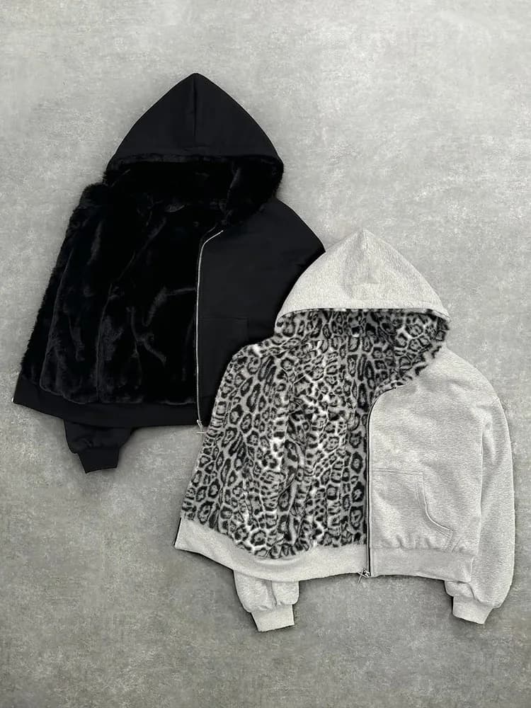 2025 new unisex hooded sweatshirt with leopard print lining pocket, loose cardigan, zipper sweatshirt, street style, double-side