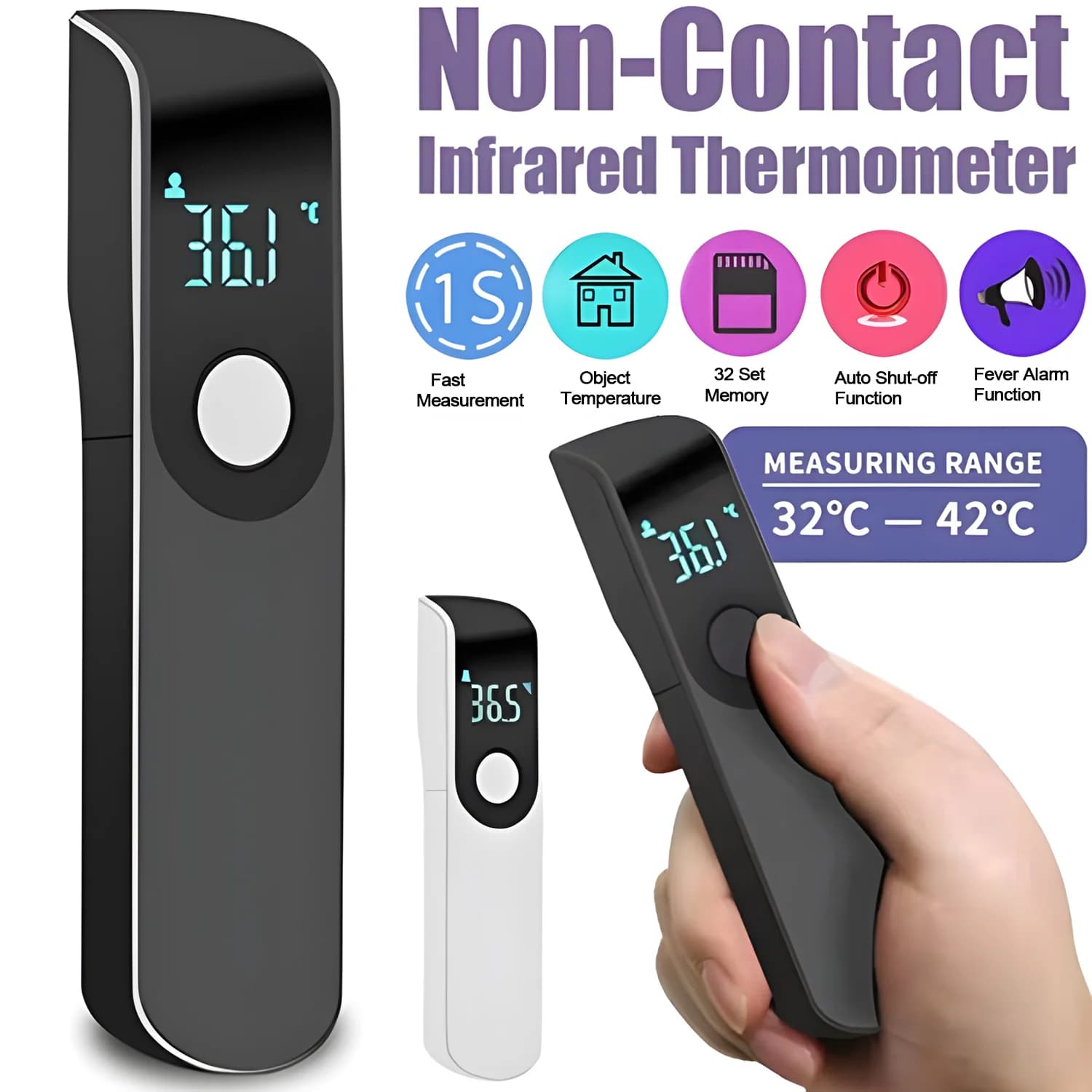 Piccolo termometro medico a infrarossi per la febbre, termometro digitale senza contatto per la temperatura corporea, mini termometro a batteria.
