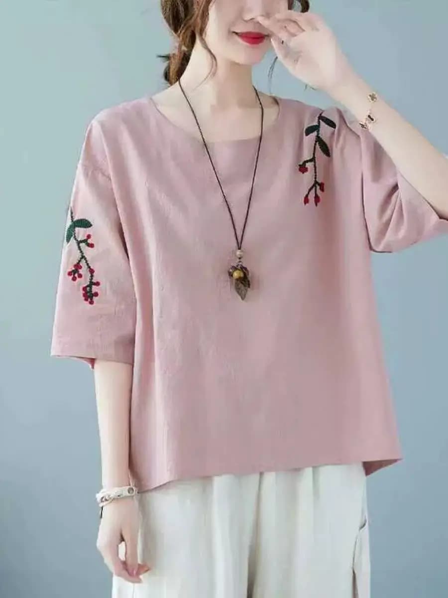 Loose Fit Cotton Linen Short Sleeve round Neck T-Shirt Women's Artistic Style Large Size Summer Clothing New Arrival