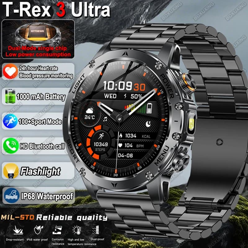 Nuovo Smartwatch Militare T-Rex 3 Ultra con Batteria da 1000mAh, Impermeabile IP68, Fitness Tracker, Torcia, Cardiofrequenzimetro, Orologio Sportivo per Uomo