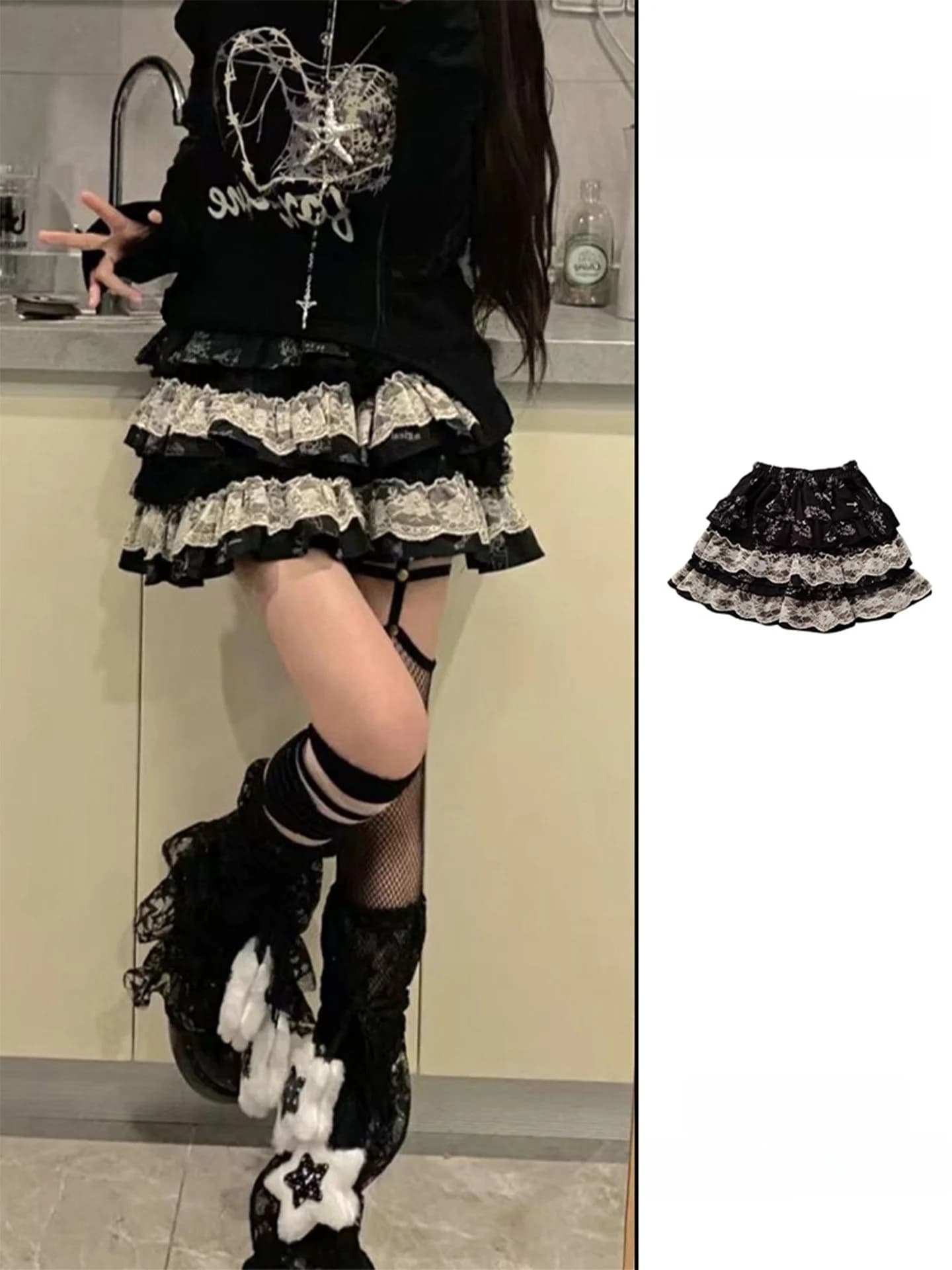 Gonna Corta a Vita Alta Stile Punk Y2K, Nuova Collezione Primavera-Autunno, Gonna a Mezza Lunghezza con Pizzo e Volume, Stile Gotico, Gonna a Trapezio
