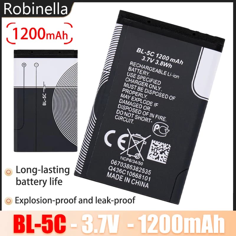 3.7V 1200mAh Battery BL-5C BL5C BL 5C Rechargeable Batteries for Nokia Phone 2112 2118 2255 2270 2280 2300 2600 2610 3125 3230