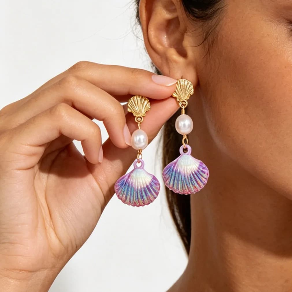 Summer Beach Style Iridescent Shell Pearl Drop Earrings Gold Plated Scallop Stud Dangle Earrings For Women Boho Vacation Jewelry