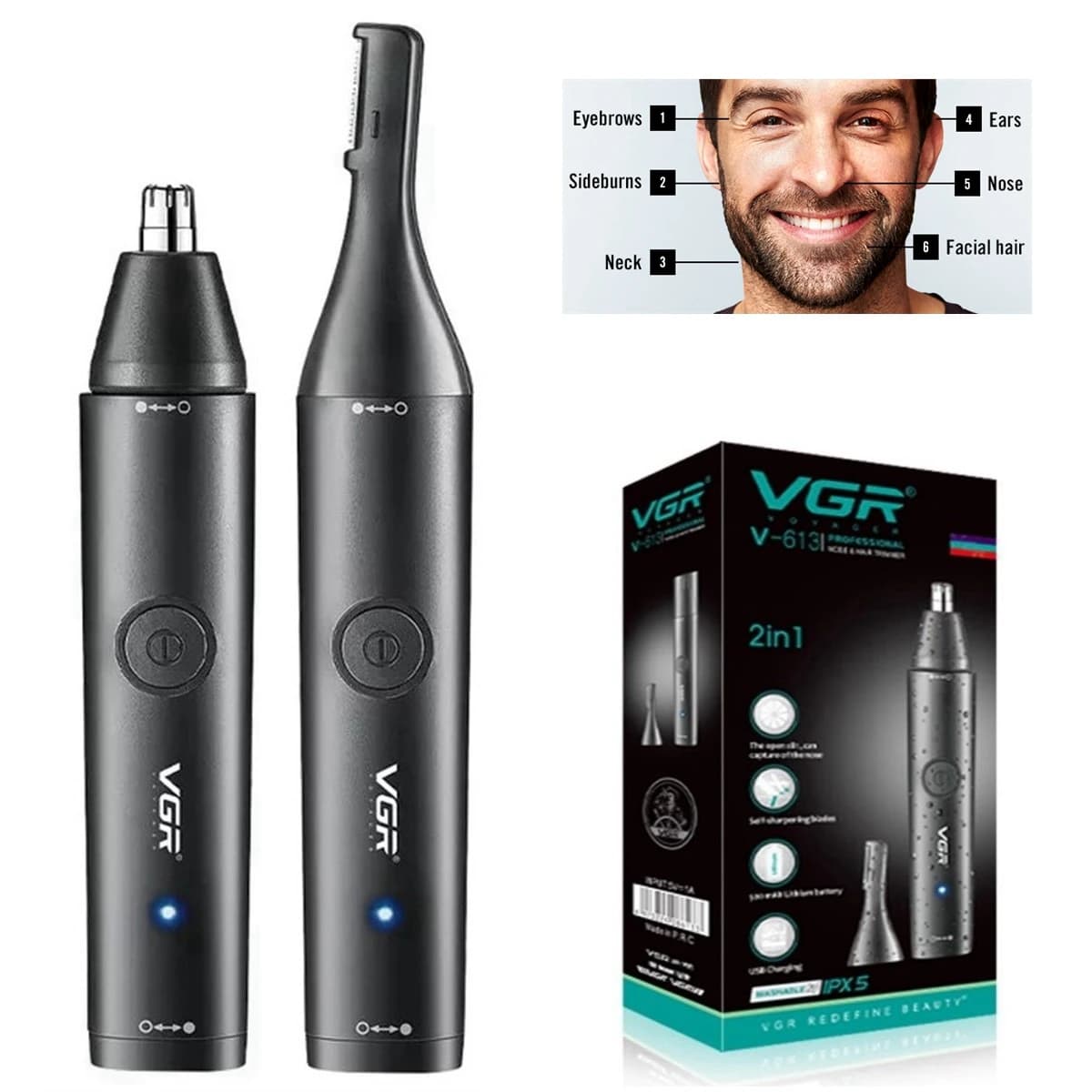 VGR 2 in1 washable nose hair trim for men and women Grooming Beard Electric Ear, Trimer for face eyebrows, rechargeable neckline