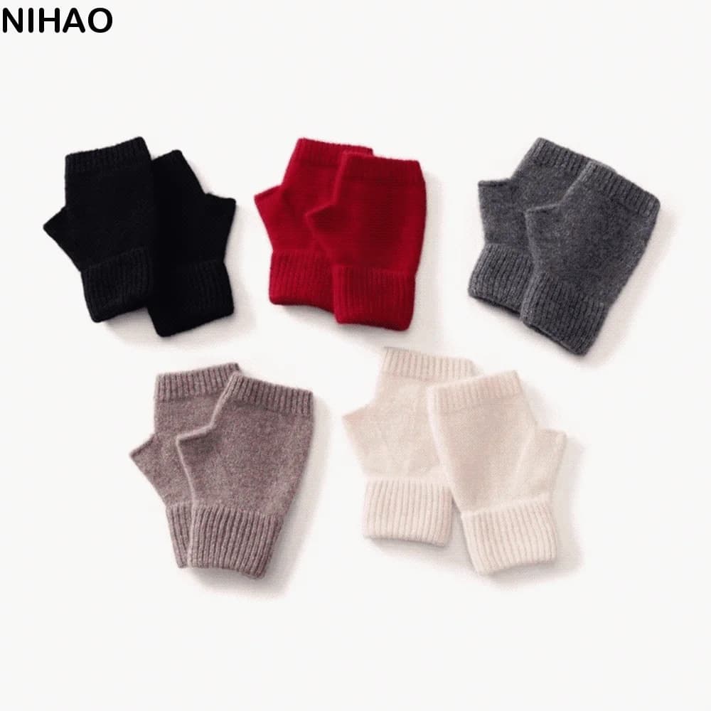 Fashion Solid Color Knitted Gloves Wool Soft Half Finger Gloves Warm Thicken Plush Mittens Students