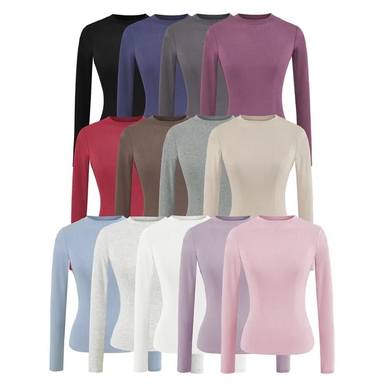 2026 Fall New American Girl Style Solid Color Ribbed Crew Neck Long Sleeve Shirt Women Basic Tops Daily Wear