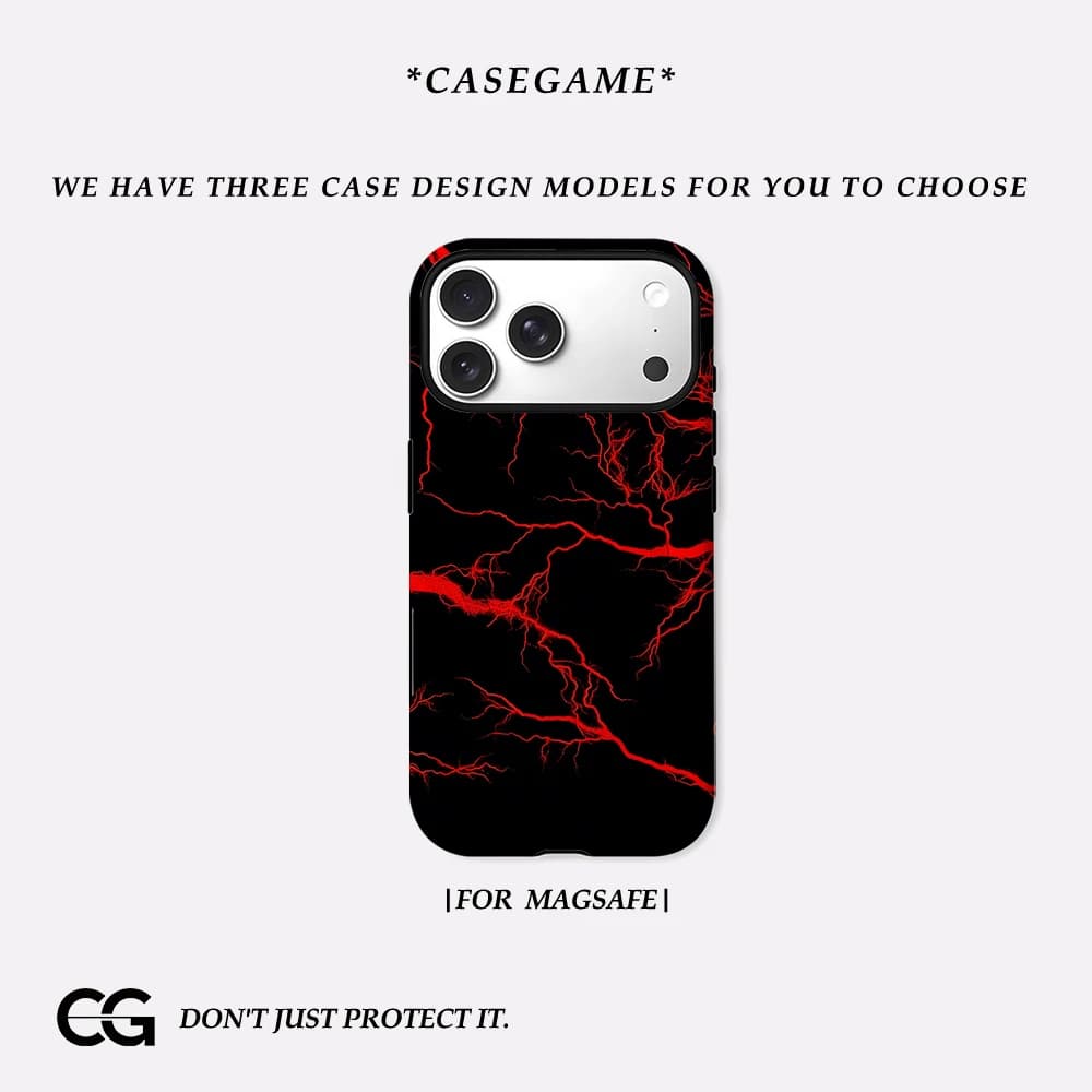 Casegame Matte Bumper per Custodia MagSafe per iPhone 17 16 15 14 Plus 13 Pro Max Antiurto Rigida in PC con Venature Rosse Fulminanti