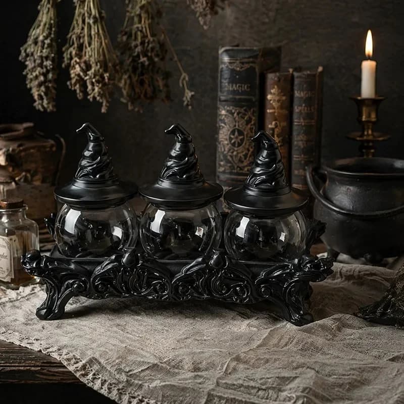 Apothecary Spice Jars Set with Witchy Hat Lids Witchcore Kitchen Decor Gothic Food Storage Containers for Salt Pepper Tea