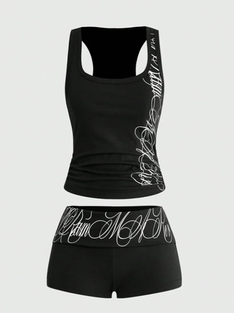 Summer Women's Y2K Street Sportswear Abstract Curve Printed Ruffle Umbilical Tank Top Folding Waist Mini Shorts Two Piece Set