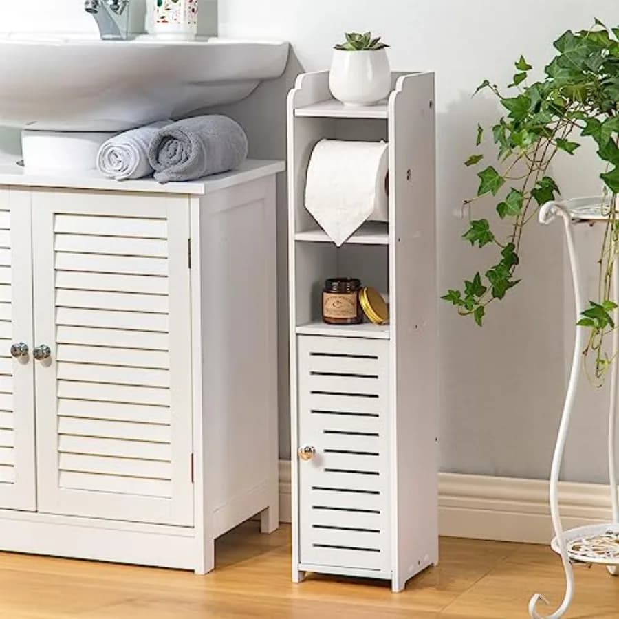 Portarotolo da terra: Mobiletto piccolo in PVC senza foratura per bagno, ideale per appartamenti - Protezione per deposito di sicurezza - Ideale per piccoli spazi