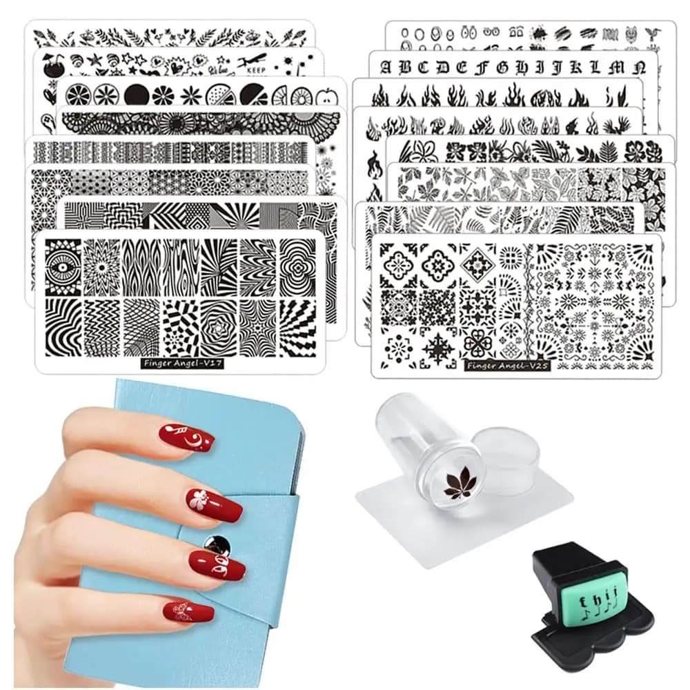 Set of 21 Pieces for Nail Stamping, 16 Plates with Mixed Design + 2 Stamps + 2 Racks + Case, Fai-da-te Nail Art Kit for Beginners