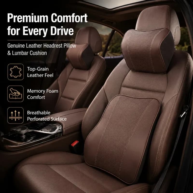 Memory Foam Car Neck Pillow Lumbar Support Cushion Genuine Leather Seat Backrest Pad for Cars SUVs Trucks