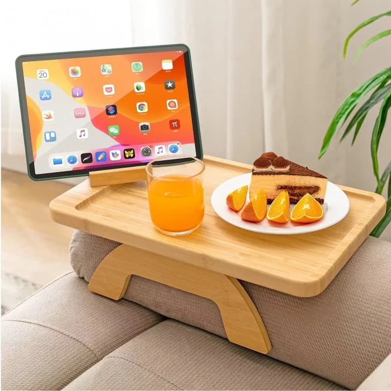 Vassoio in Legno per Divano con Supporto Girevole per Telefono e iPad, Piatto per Snack e Colazione, Pieghevole, Pratico e Conveniente
