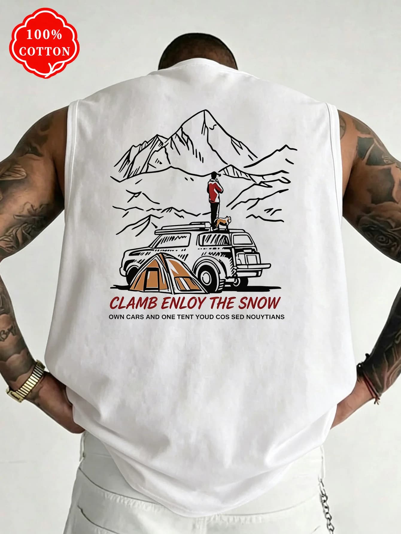 Men 100% Cotton Sleeveless Tank Top Mountain Camping Car Tent Graphic Loose Crew Neck Muscle Vest Mens Sleeveless Tee-T95