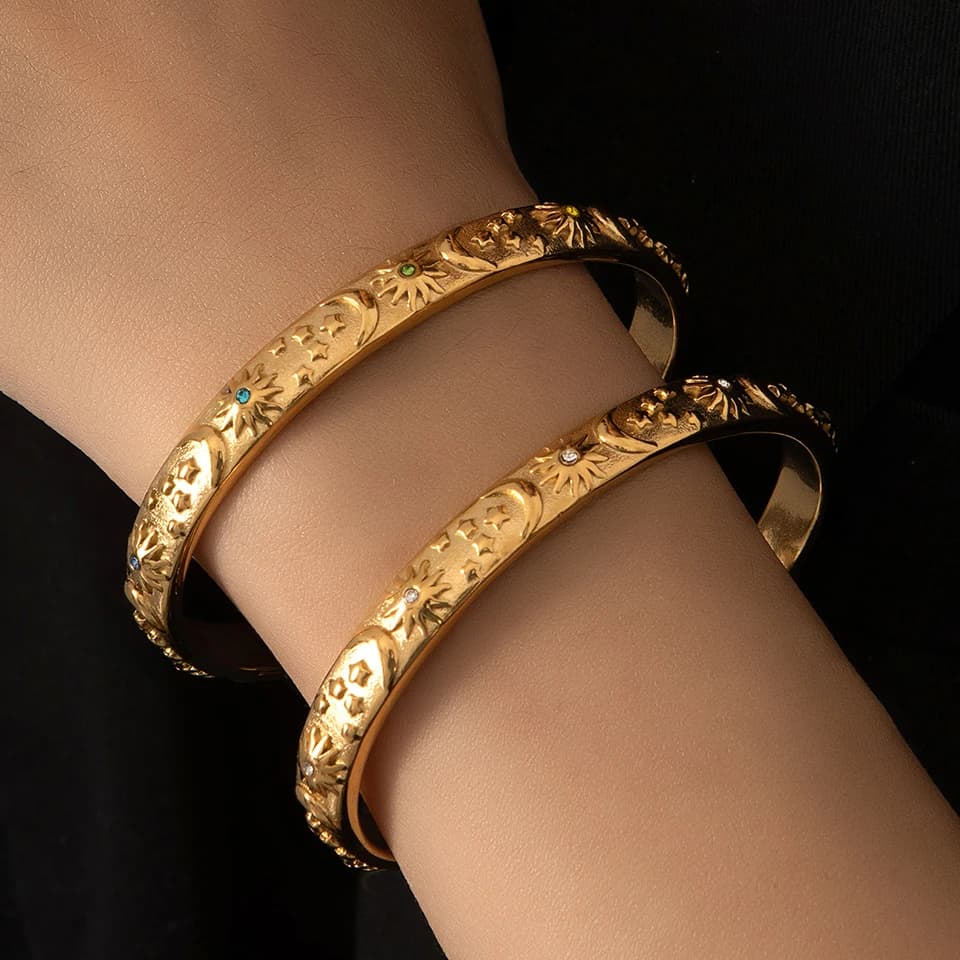 Yupsk Open Stainless Steel Bracelet plated 18K gold with moon star and sun, fashion aesthetic jewelry gift for women and men
