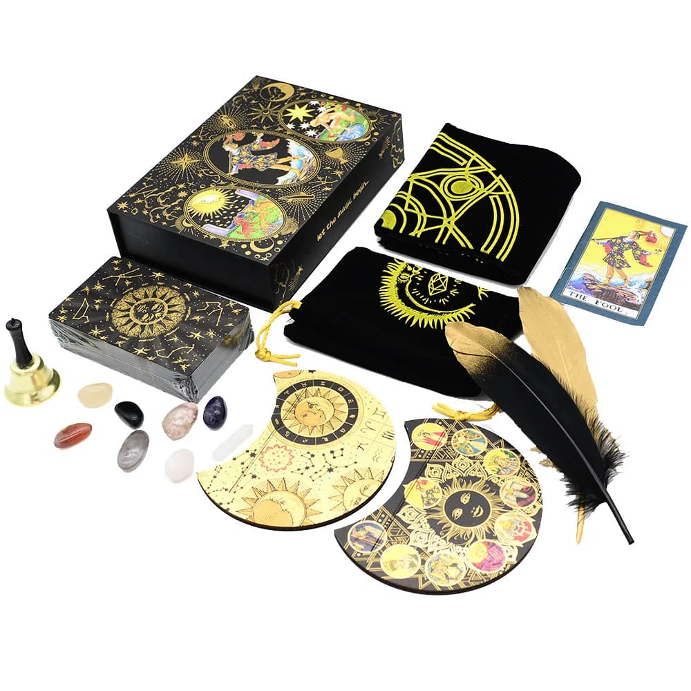 Nuovo 12 x7cm piuma oro nero carta dei tarocchi del sole confezione regalo Set lamina d'oro mazzo dei tarocchi che timbra la carta da gioco resistente all'usura impermeabile in PVC