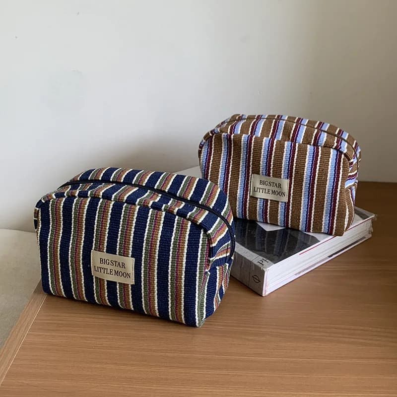 Striped Cosmetic Bag for Women Female Large Capacity Portable Travel Make Up Storage Organizer Wash Bag